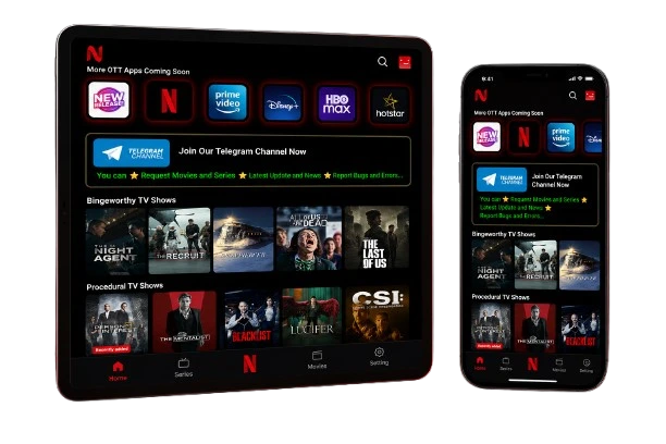 NetMirror APK interface displayed on tablet and mobile devices with movies and TV streaming content