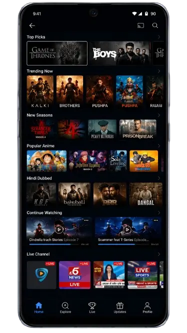 PPCINE APK Download Latest Version v4.3.5 for Android 7 PPCINE APK home screen sections showing trending movies anime Hindi-dubbed content live channels and continue watching