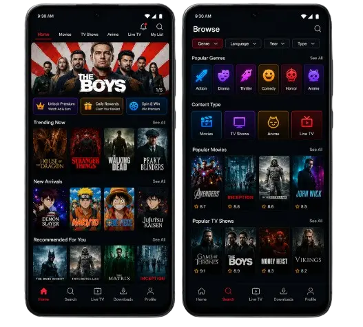 PPCINE APK Download Latest Version v4.3.5 for Android 6 PPCine APK UI walkthrough showing Home and Browse tabs