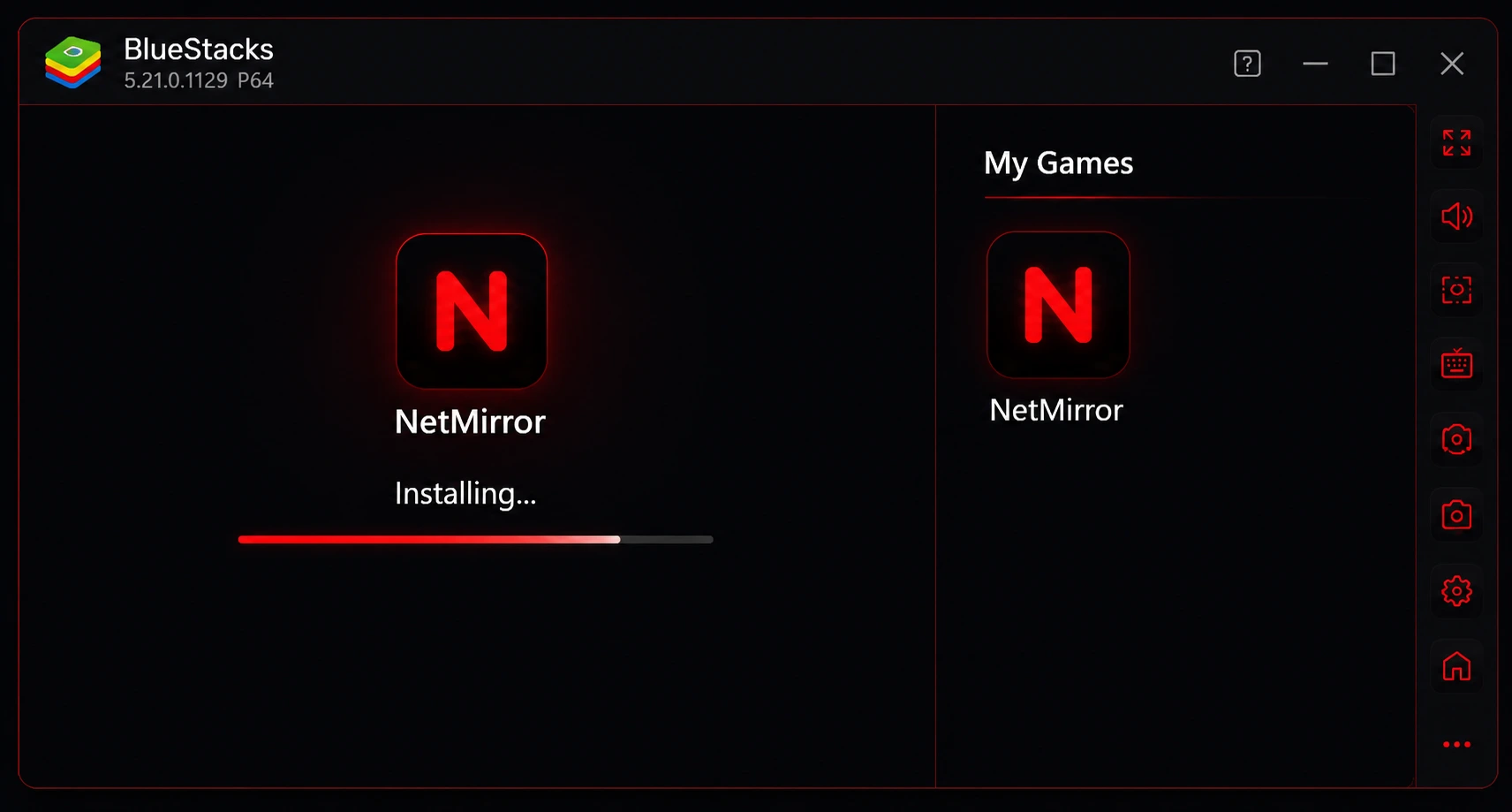 BlueStacks emulator installing NetMirror APK on a Windows PC with installation progress.