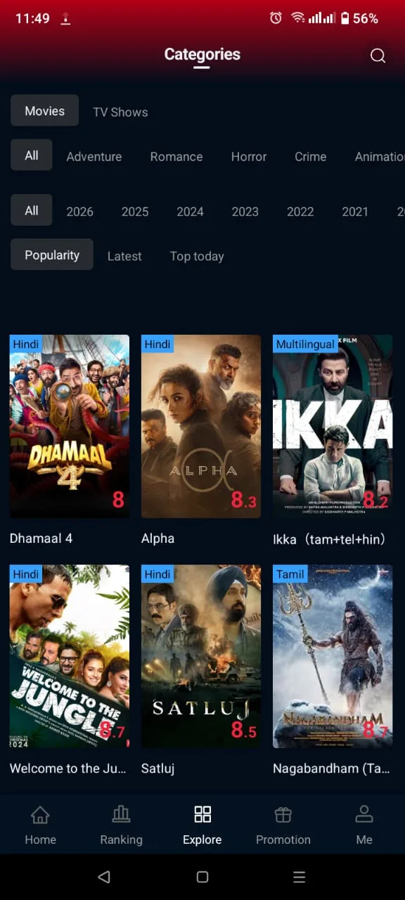 PPCINE APK Download Latest Version v4.3.5 for Android 7 PPCine APK categories page showing movies, TV shows, genres, and filters