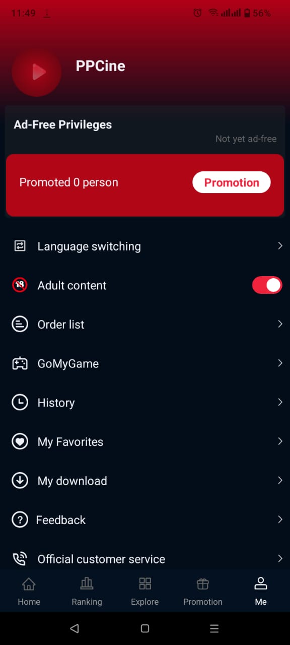 PPCINE APK Download Latest Version v4.3.5 for Android 5 PPCine APK profile page showing account settings, favorites, downloads, and language options